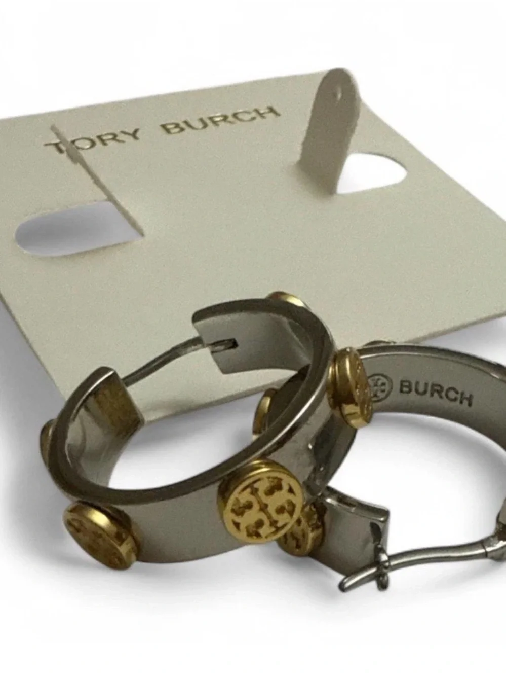 Tory Burch Gray Enamel Hoop Earrings with Gold Logo Accents